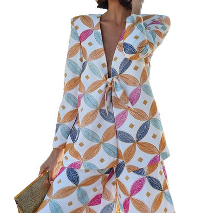 Women's Two-Piece Jacquard Suit with Waist Tie and Wide Leg EVA-US