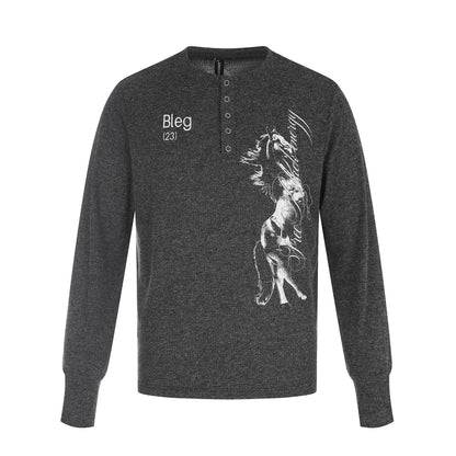 Men Printed Long Sleeve Henley Shirt made of soft jersey with snap button placket EVA-US
