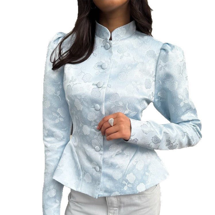 Women Tailored Jacquard Blazer with Stand Collar, Puff Sleeves and Peplum EVA-US