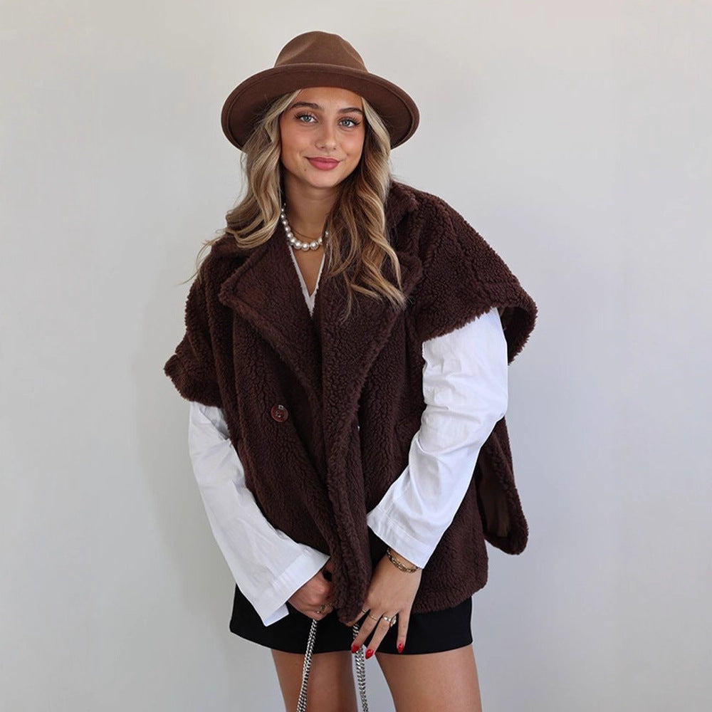 Women's Short Teddy Cape with Shawl Collar and Concealed Button Placket EVA-US