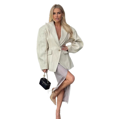 Women Tailored Faux Leather Blazer with Princess Seams and Structured Shoulder EVA-US