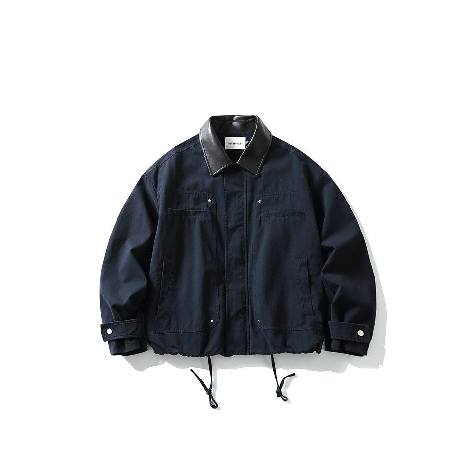 Men's short-cut boxy blouson jacket with faux leather collar, drawstring hem, and snap button cuffs EVA-US