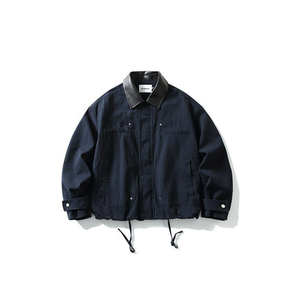Men's short-cut boxy blouson jacket with faux leather collar, drawstring hem, and snap button cuffs EVA-US