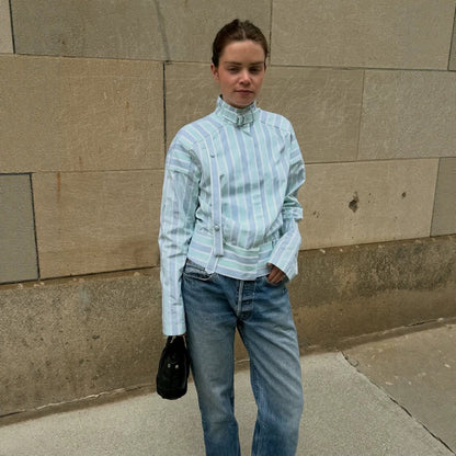 Women's Structured Blouse with Stand Collar, Waist Belt and Vertical Stripe Design EVA-US