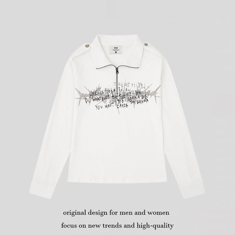 Women's long sleeve polo shirt with short zipper, shoulder pads and statement print EVA-US