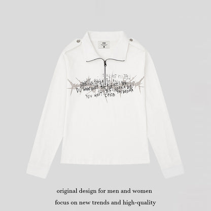 Women's long sleeve polo shirt with short zipper, shoulder pads and statement print EVA-US