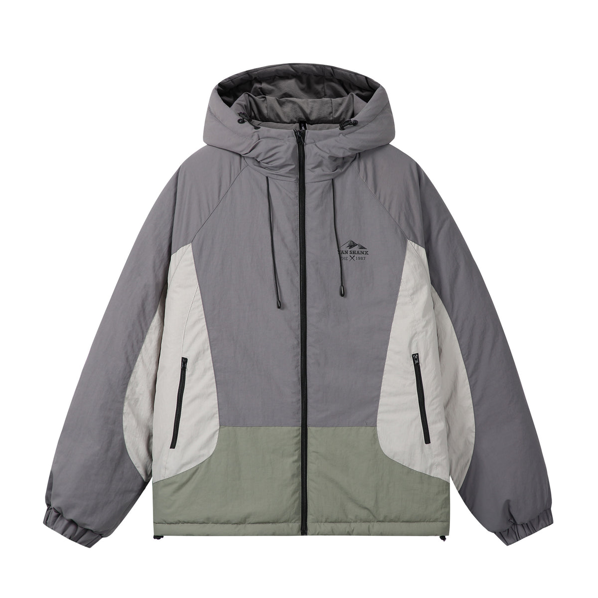 Unisex Boxy Colorblock Hooded Puffer Jacket with Windproof Cover and Zip Pockets EVA-US