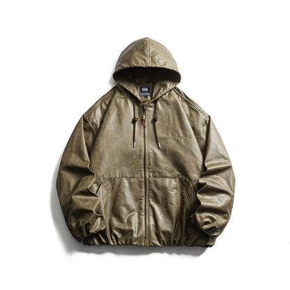 Men's short-cut faux leather hooded jacket in boxy cut with elastic hem and kangaroo pockets EVA-US