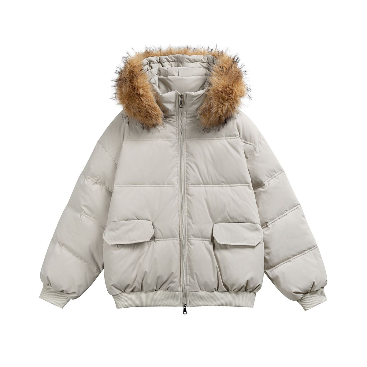 Women's Boxy Puffer Jacket with Hood and Voluminous Faux Fur Collar EVA-US