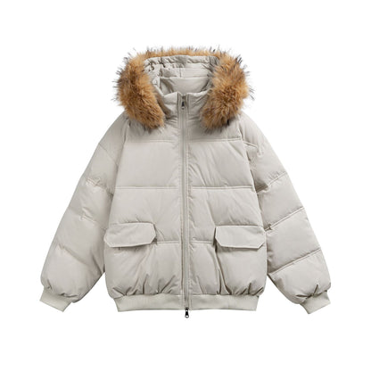 Women's Boxy Puffer Jacket with Hood and Voluminous Faux Fur Collar EVA-US