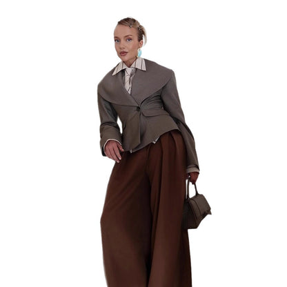 Women Tailored Blazer with Oversized Shawl Collar and Structured Peplum Waist EVA-US