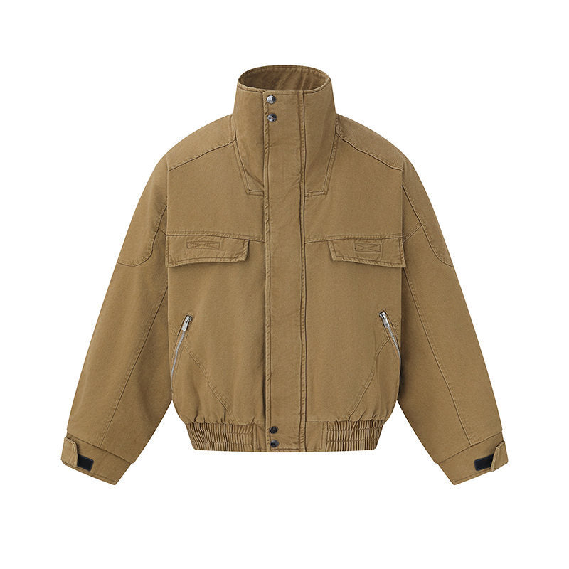 Men's short-cut canvas bomber jacket with high stand-up collar, concealed front placket, and zip pockets EVA-US