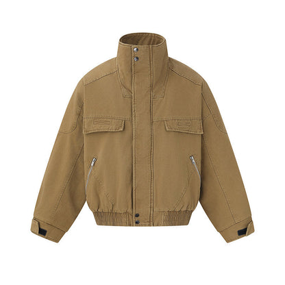 Men's short-cut canvas bomber jacket with high stand-up collar, concealed front placket, and zip pockets EVA-US