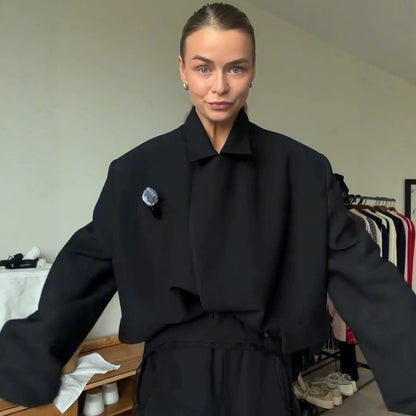 Women Asymmetric Cropped Boxy Jacket with High Stand Collar and Structured Shoulder Area EVA-US