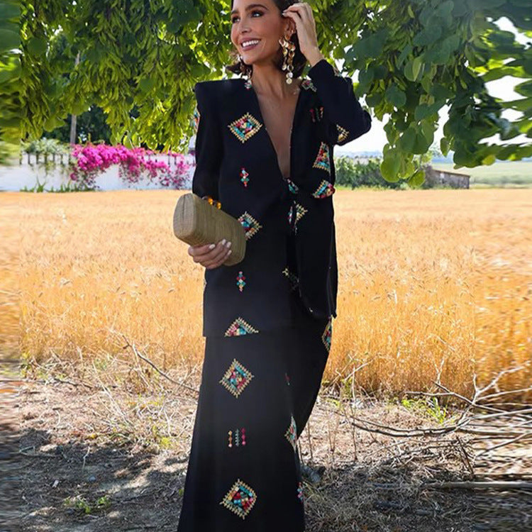 Women's Two-Piece Jacquard Suit with Waist Tie and Wide Leg EVA-US
