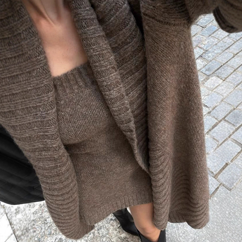 Women's Knit Set Maxi Cardigan with Oversized Shawl Collar and Fitted Strappy Dress EVA-US