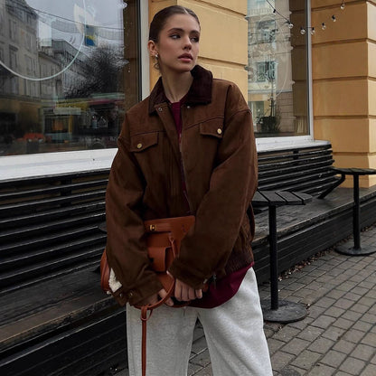 Women's Boxy Suede Blouson Jacket with Cord Collar and Teddy Lining EVA-US