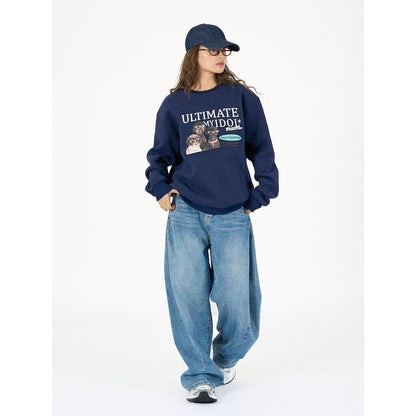 Ladies Cozy Cotton Blend Sweatshirt with Dog Photo Print and Ribbed Cuffs