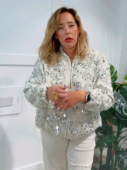 Women's sequin bomber jacket with zipper, loose boxy silhouette and decorative glitter applications EVA-US