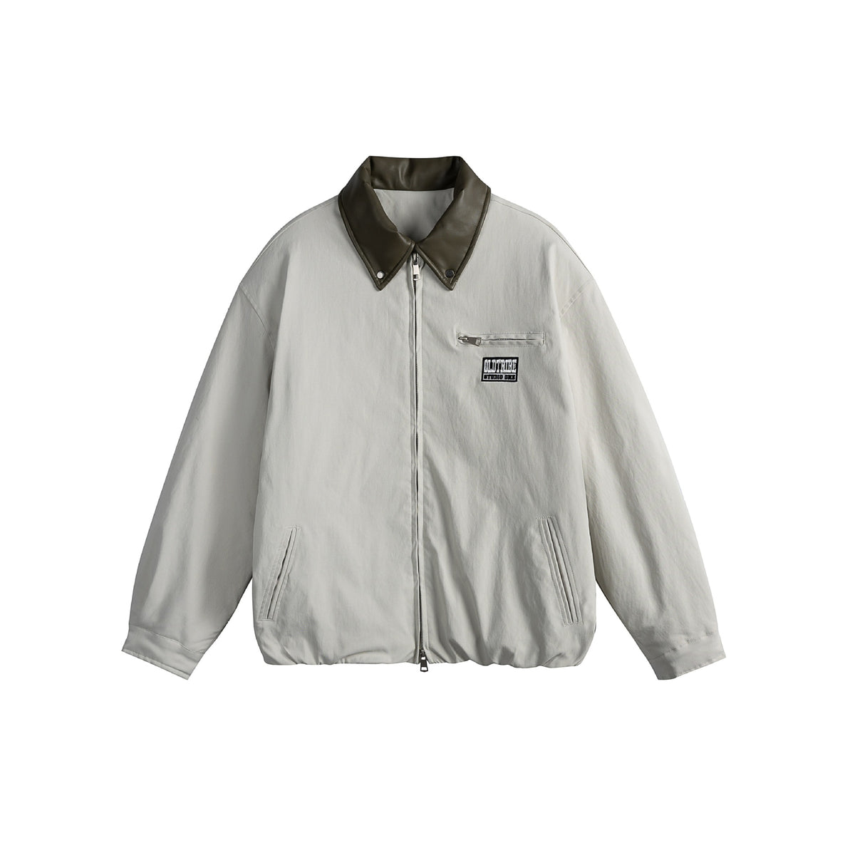 Unisex Oversized Blouson Jacket with Faux Leather Shawl Collar, Two-Way Zipper and Elastic Hem EVA-US