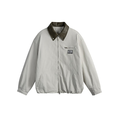 Unisex Oversized Blouson Jacket with Faux Leather Shawl Collar, Two-Way Zipper and Elastic Hem EVA-US