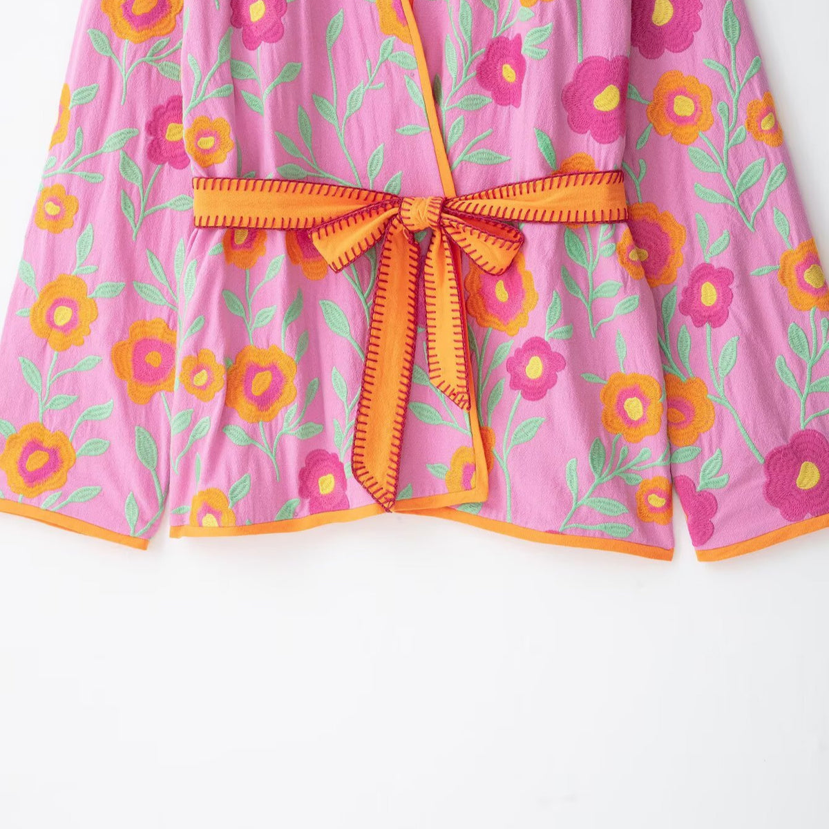 Women's Embroidered Kimono Jacket with Waist Tie Belt and Floral Embroidery EVA-US