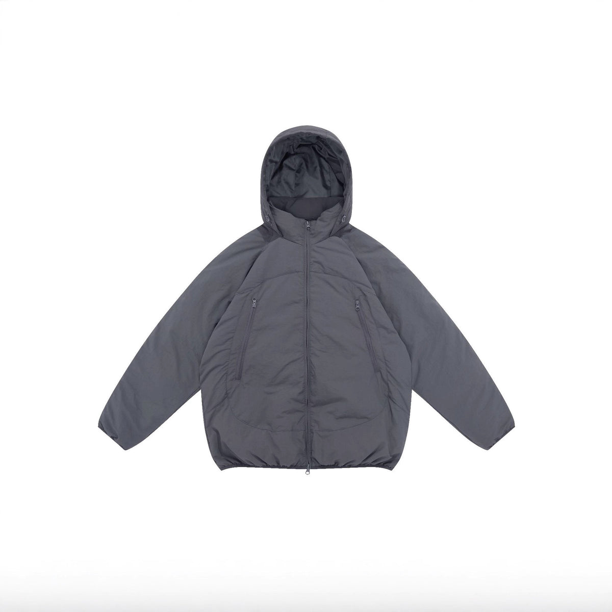 Unisex Voluminous Hooded Insulation Jacket in Boxy Cut with Concealed Zipper Pockets EVA-US