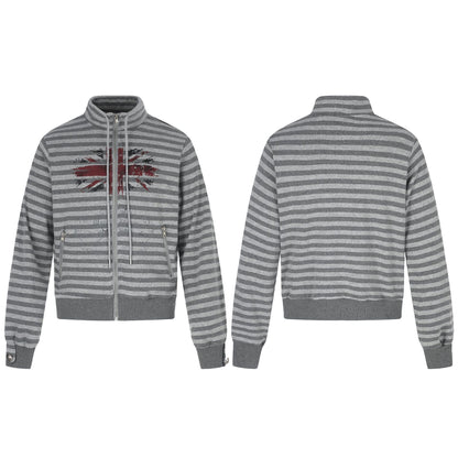 Men's Hoodless Striped Zip Blouson Jacket with Funnel Collar and Vintage Print EVA-US