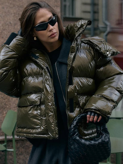 Women's padded short jacket with high-gloss finish, oversized cut, and hood EVA-US