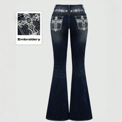 Women's Bootcut Jeans with elaborate embroidery and high waistband EVA-US