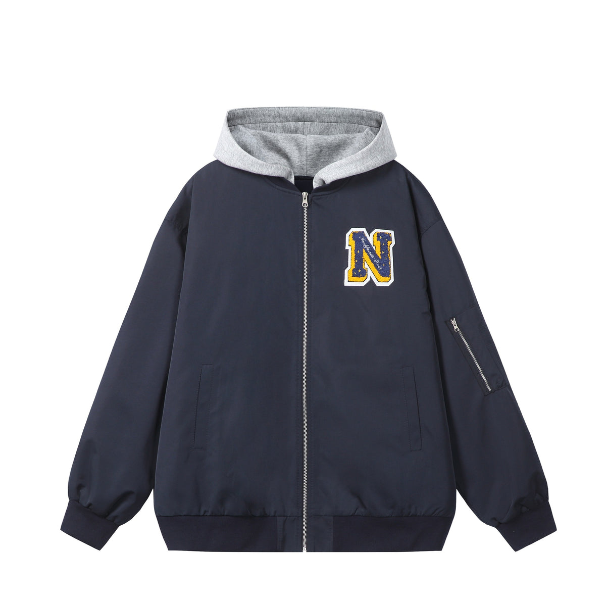 Unisex Boxy-Multi-layer Bomber Jacket with Integrated Hood and Collegiate Patch EVA-US