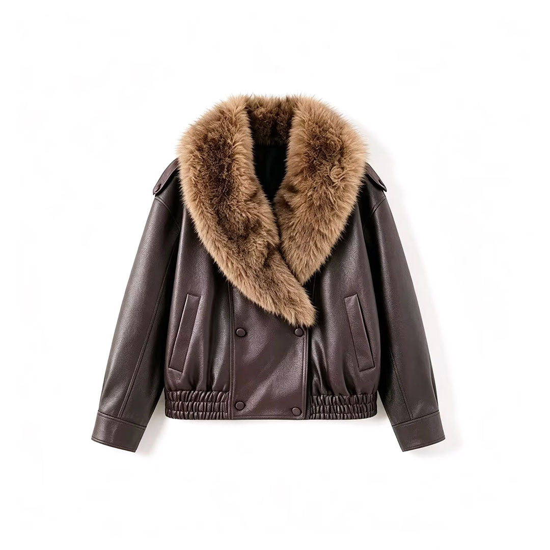 Women's Faux Leather Bomber Jacket with Large Faux Fur Collar EVA-US