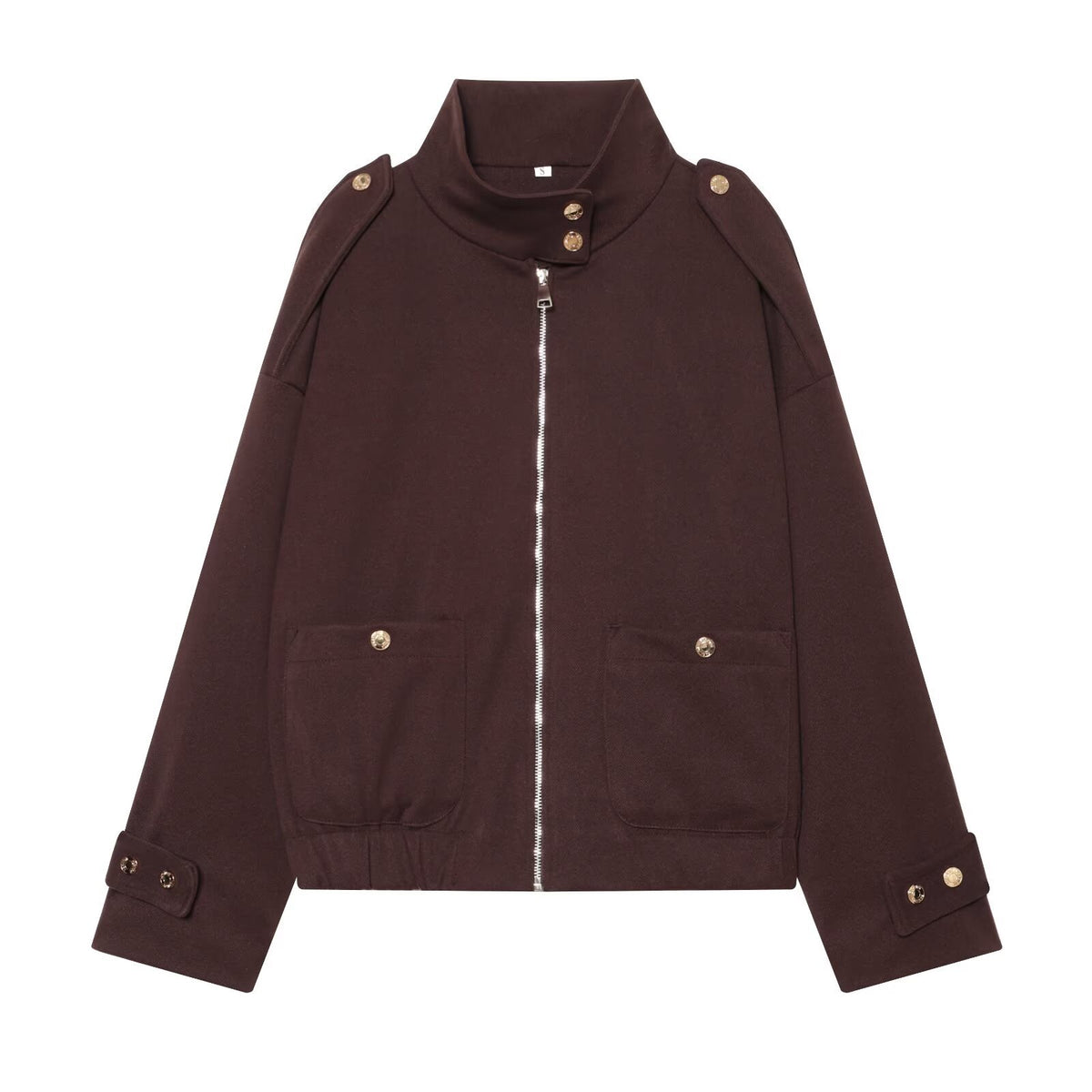 Women Cropped Utility Jacket with high collar, shoulder epaulettes and flap pockets