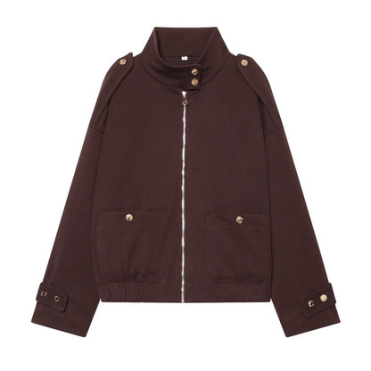 Women Cropped Utility Jacket with high collar, shoulder epaulettes and flap pockets