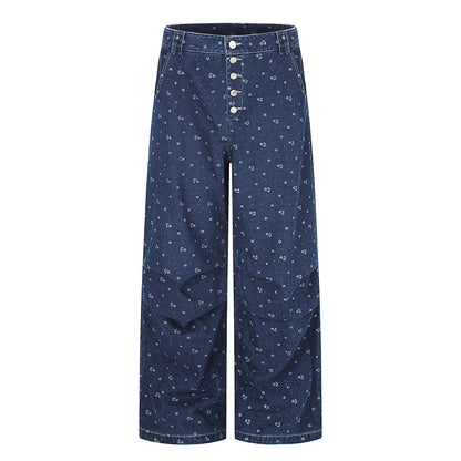 Women's High-Waist Culotte Jeans in Palazzo Cut with Visible Button Placket and Fine Floral Print EVA-US