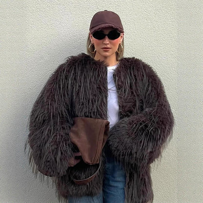 Women Oversize Faux Fur Coat with Long Pile Shag Look and Square Silhouette EVA-US