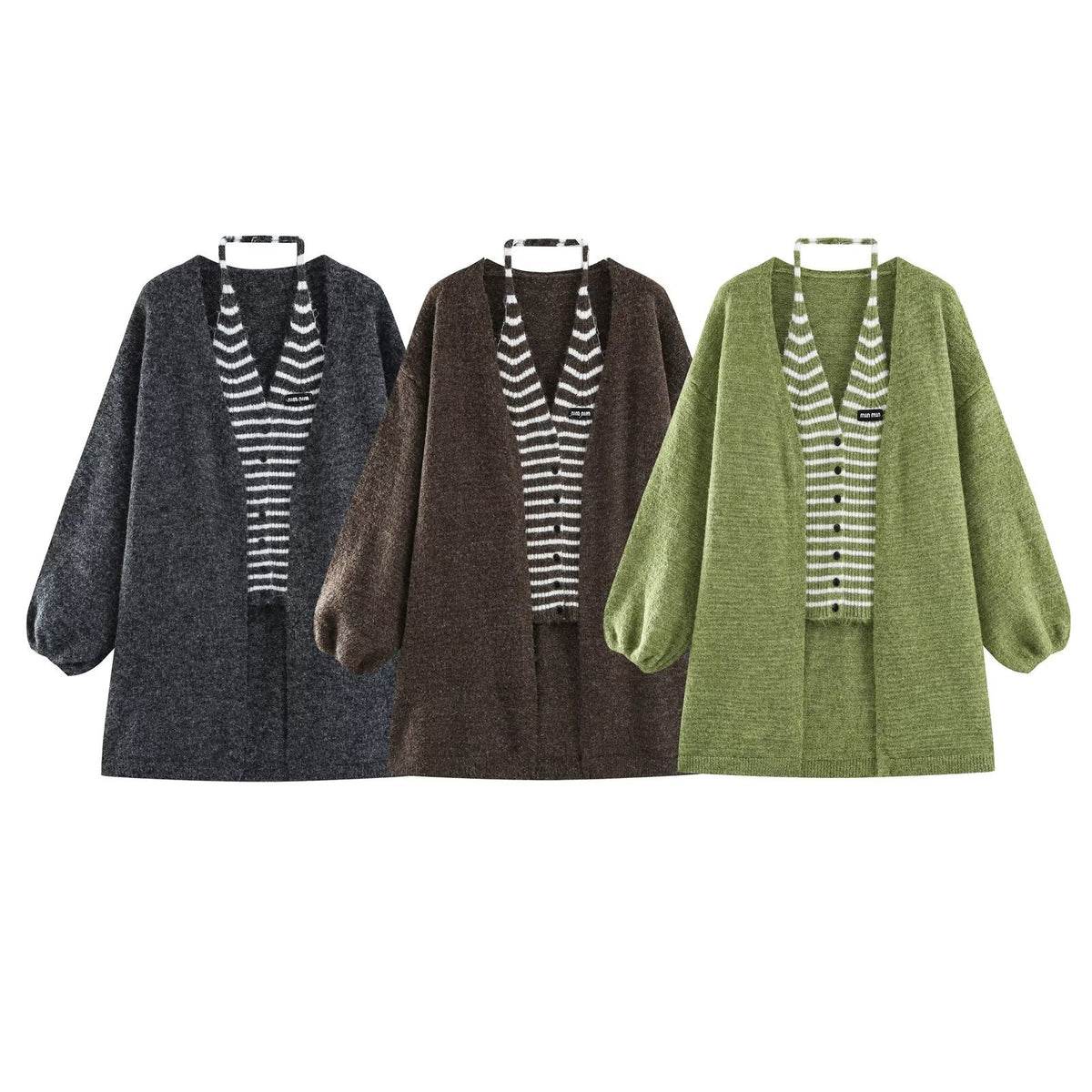 Women's Oversized Knit Cardigan with Balloon Sleeves and Striped Trim Button Placket EVA-US