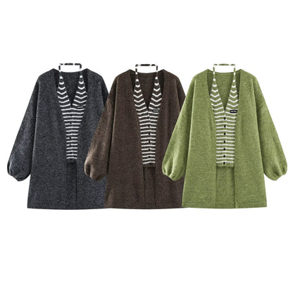 Women's Oversized Knit Cardigan with Balloon Sleeves and Striped Trim Button Placket EVA-US