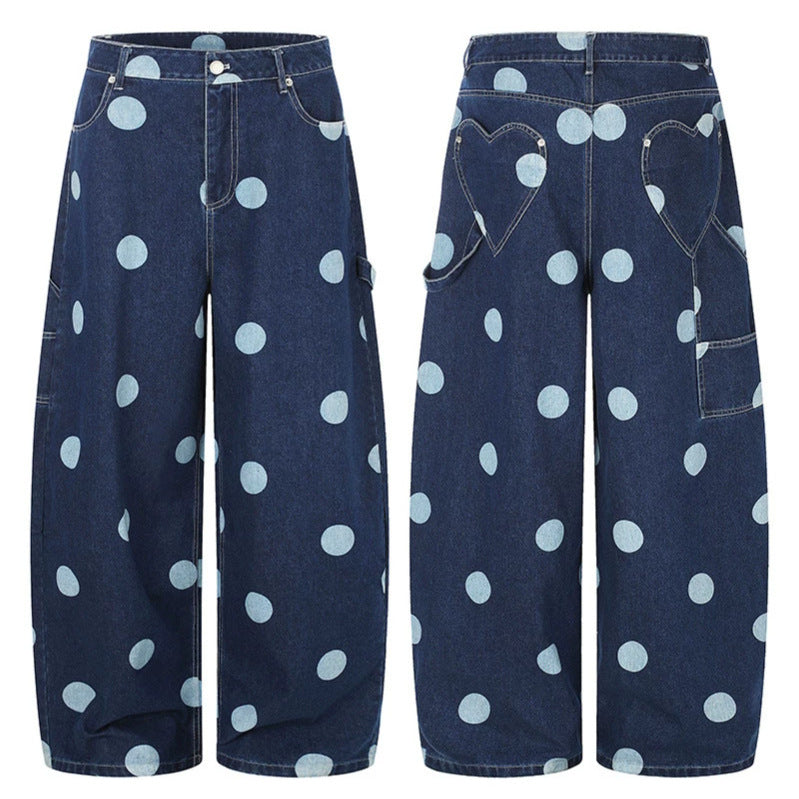 Women High-Waisted Wide Jeans Culotte with Polka Dot Print and Utility Details EVA-US