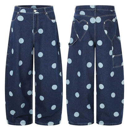 Women High-Waisted Wide Jeans Culotte with Polka Dot Print and Utility Details EVA-US