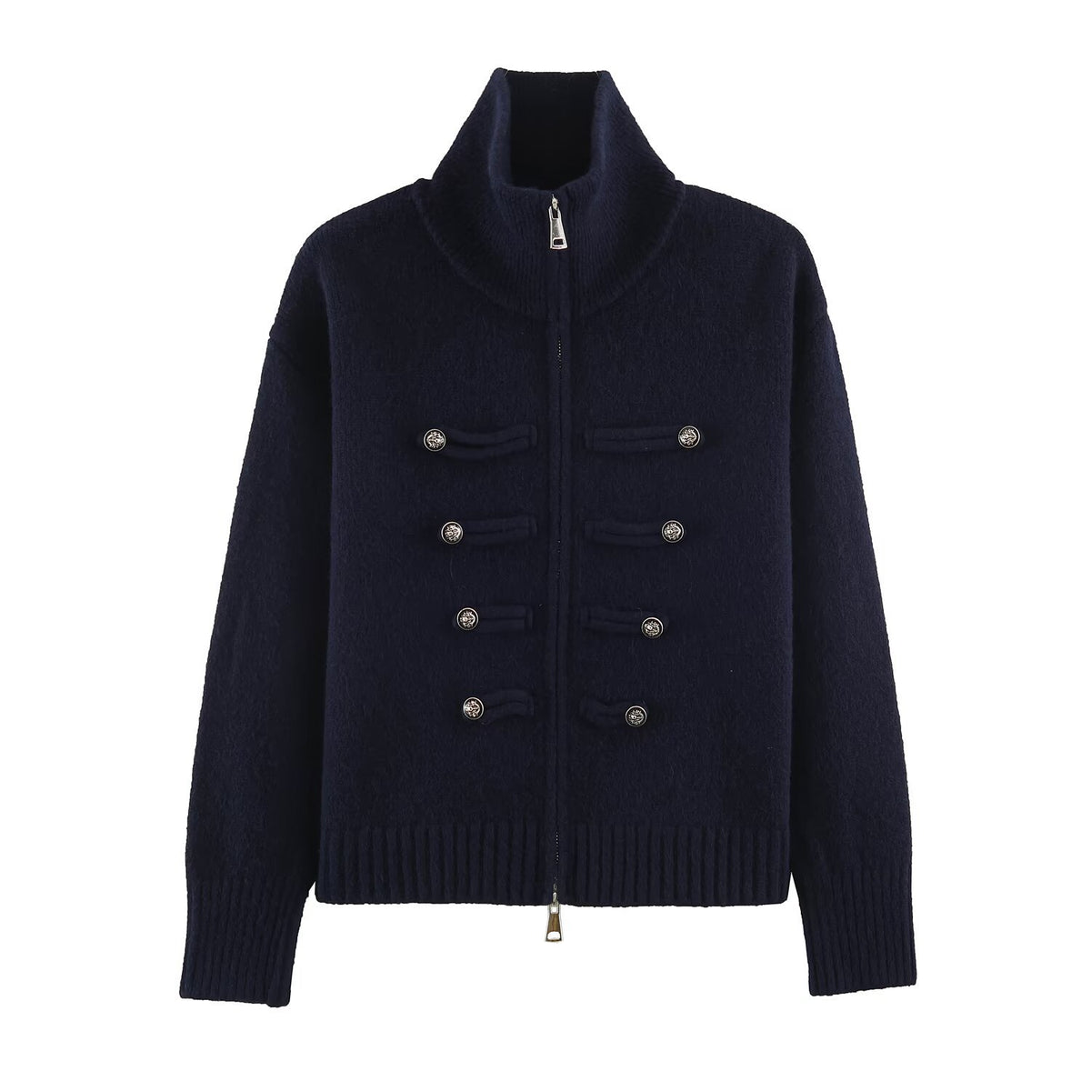 Women's cardigan with zipper, high stand-up collar, and decorative button plackets EVA-US