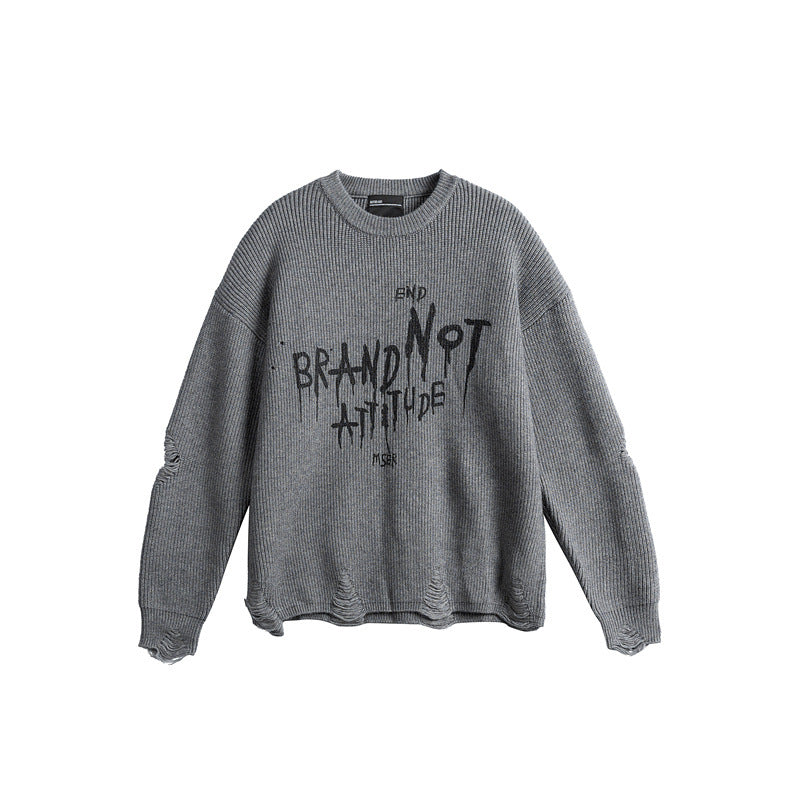 Unisex Oversize Knit Sweater with Destroyed Details and Statement Print EVA-US