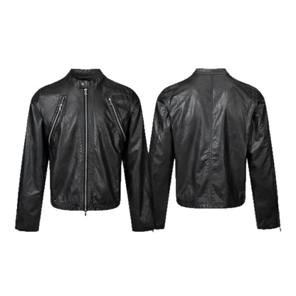 Men's vintage-inspired biker jacket with stand-up collar and two-way zipper EVA-US