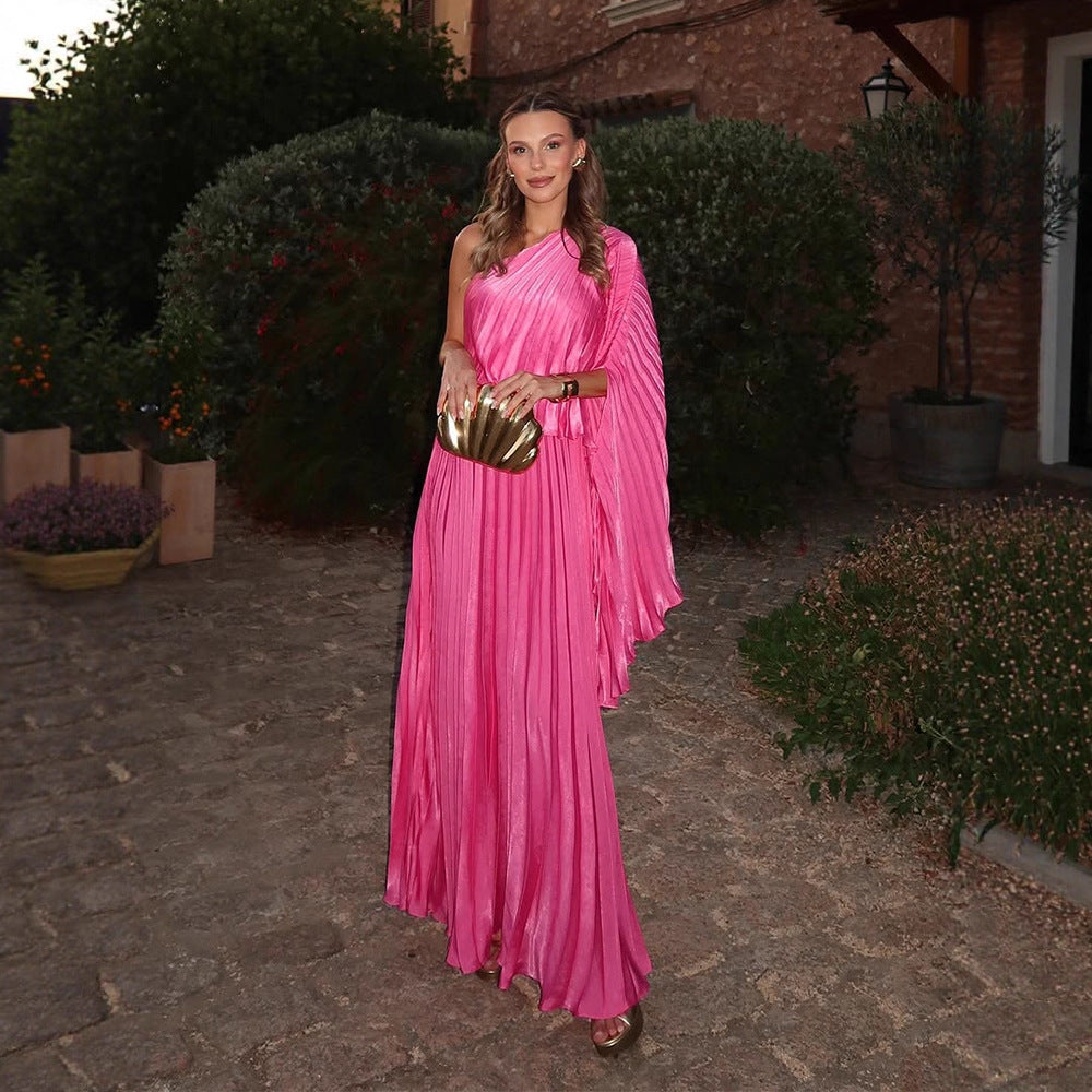 Women One-Shoulder Pleated Maxi Dress with Draped Top and Wide Ruffle Skirt EVA-US