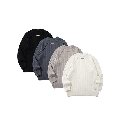 Unisex Structured Waffle Knit Crew Neck Sweater with Raglan Sleeves and Metal Logo EVA-US
