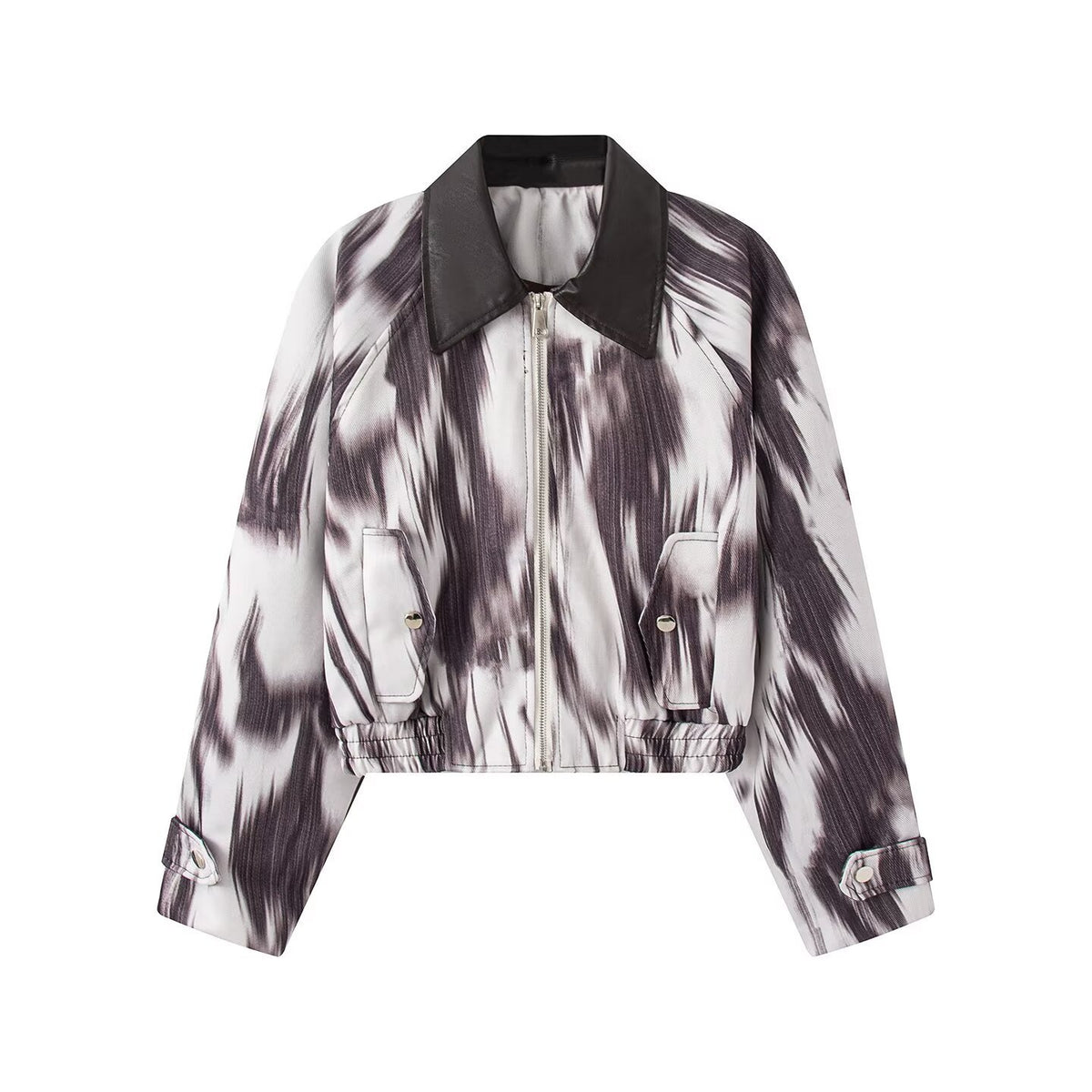 Women's Short Bomber Jacket in Cropped Style with Contrasted Faux Leather Collar and Abstract Print EVA-US