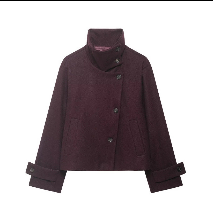 Women's Cropped Wool Blend Short Jacket with High Stand Collar, Asymmetric Button Placket and Cuffed Sleeves EVA-US