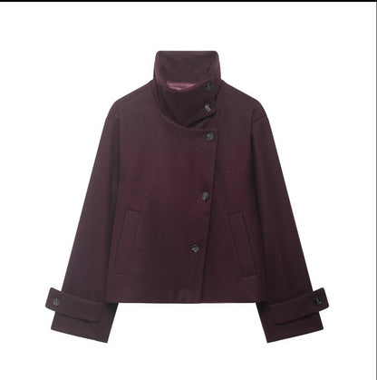 Women's Cropped Wool Blend Short Jacket with High Stand Collar, Asymmetric Button Placket and Cuffed Sleeves EVA-US