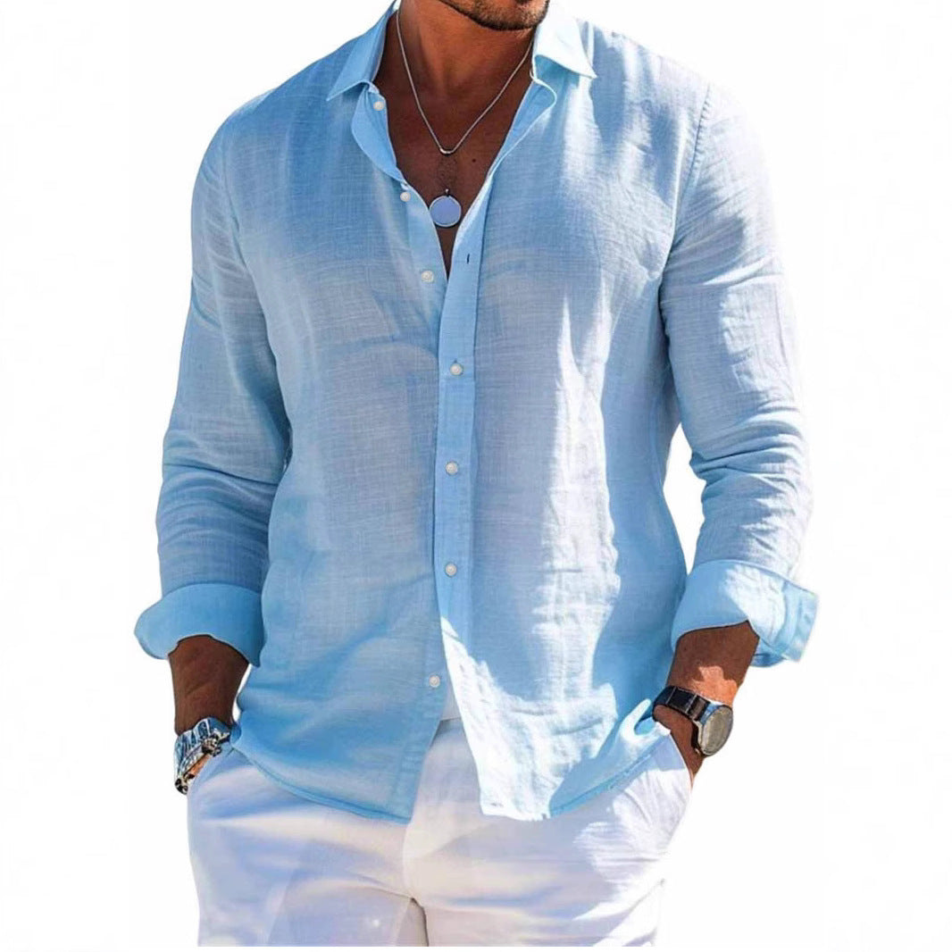 Men's textured linen shirt with open collar, lightweight texture, and casual-tailored fit EVA-US
