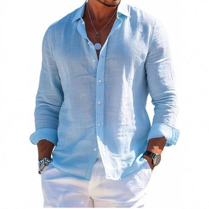 Men's textured linen shirt with open collar, lightweight texture, and casual-tailored fit EVA-US